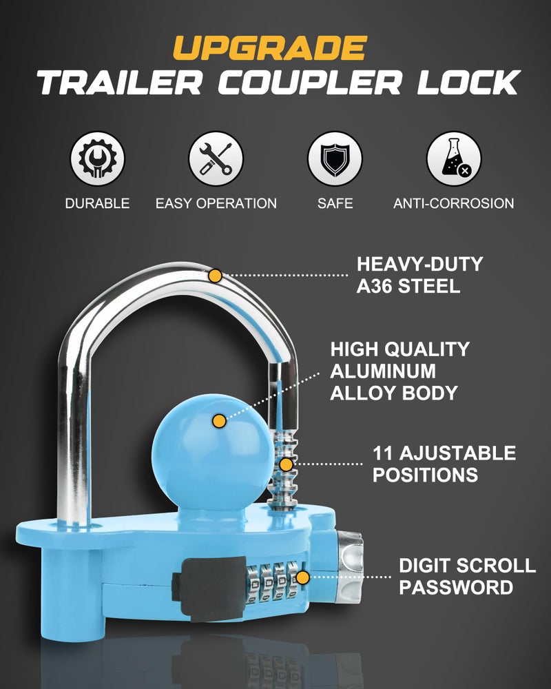 RETRUE Universal Coupler Lock Trailer Locks Ball Hitch Trailer Hitch Lock Adjustable Security Heavy-Duty Steel fits 1-7/8 Inch, 2 Inch, 2-5/16 Inch Couplers, Combination Lock,No Key Needed (Blue) - Image 4